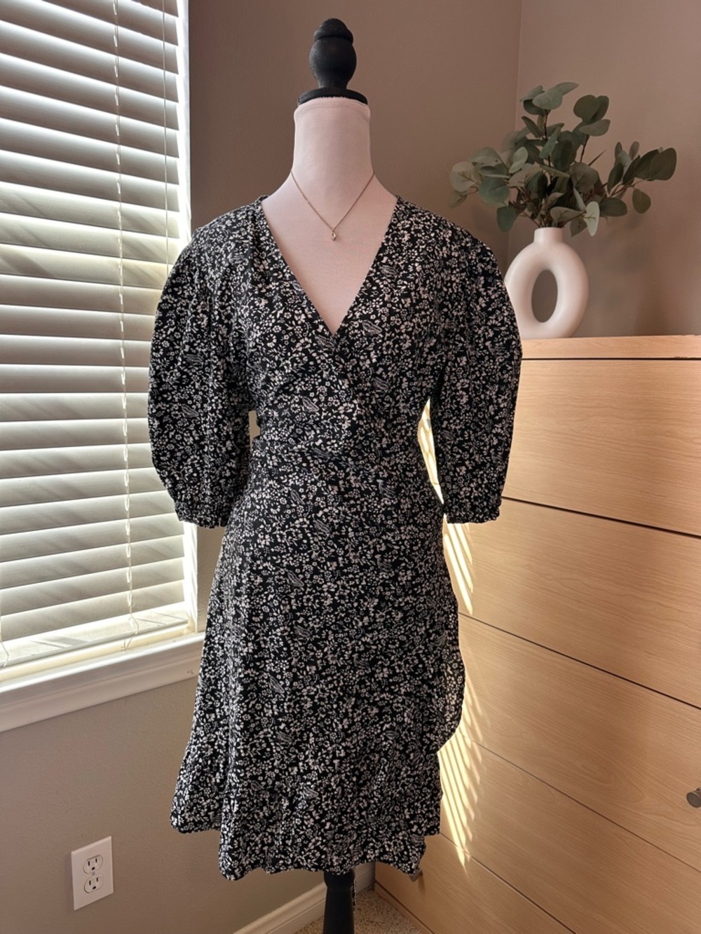 Black Floral V-Neck Midi Wrap Dress